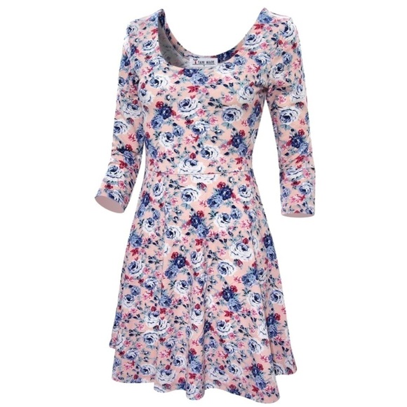 TOMSWARE Women Pink Floral Print 3/4 Sleeve Scoop Neck fit and Flare Dress M - Picture 5 of 9